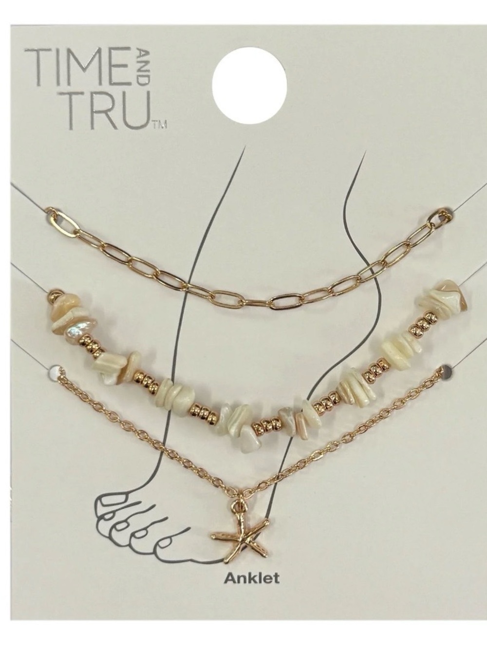 Time and Tru Gold and Cream Layered Anklet Set with Starfish Charm